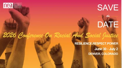 Raised hands on an orange background with text that says Save the Date for the Conference on Racial and Social Justice June 30-July 1 in Denver, Colorado